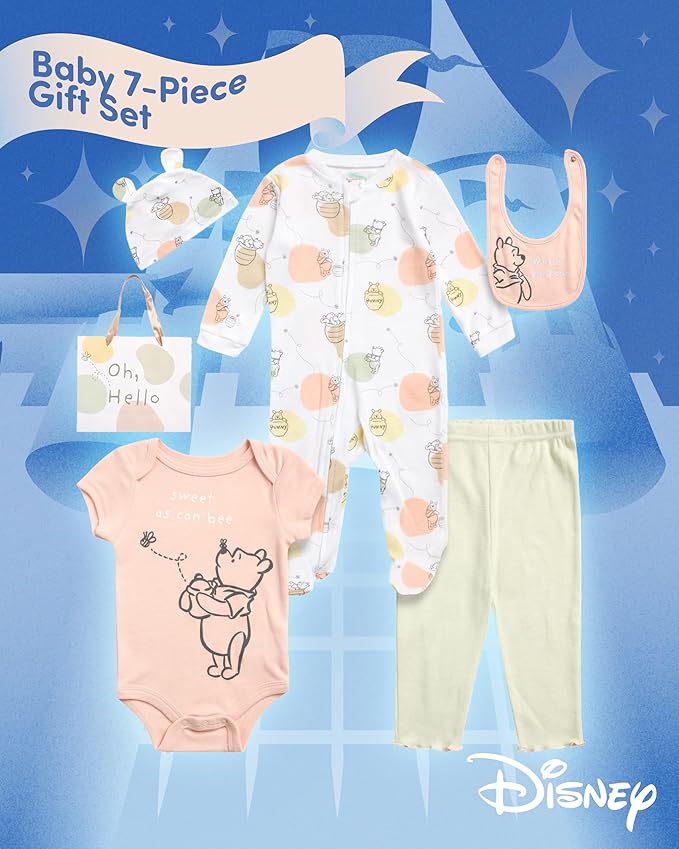 Disney Newborn Baby Girl Boy Clothes - 7 Piece Mickey Mouse Winnie the Pooh Bib Onesie Overall Beanie Pants Gift Bag Gift Set