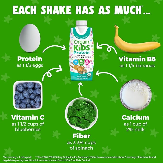 Orgain Organic Kids Nutritional Protein Shake, Fruity Cereal - Kids Snacks with 8g Dairy Protein, 22 Vitamins & Minerals, Fruits & Vegetables, Gluten Free, Soy Free, Non-GMO, 8.25 Fl Oz, (Pack of 24)