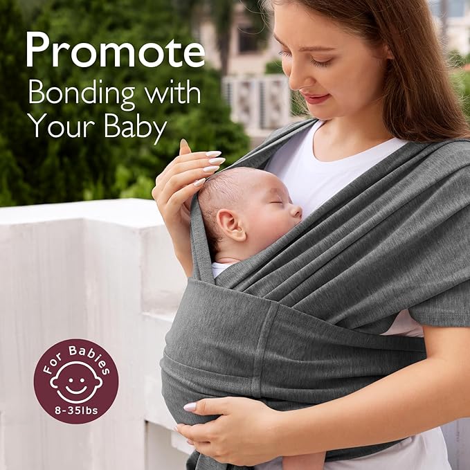 Momcozy Baby Wrap Carrier Skin-Friendly Fabric, Easy to Wear Baby Carrier Sling T-Shirt Design, Hands Free Baby Carriers Newborn to Toddler 8-35lbs, Adjustable Buckle for Waist 30-47inch, Deep Grey