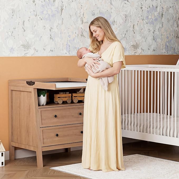 UbabyNest Baby Changing Table with Foldable Tabletop, Baby Dresser with 2 Wide Drawers & Open Storage Space, Modern Diaper Changing Station, Perfect for Nursery, Natural Wood (Pad Not Included)