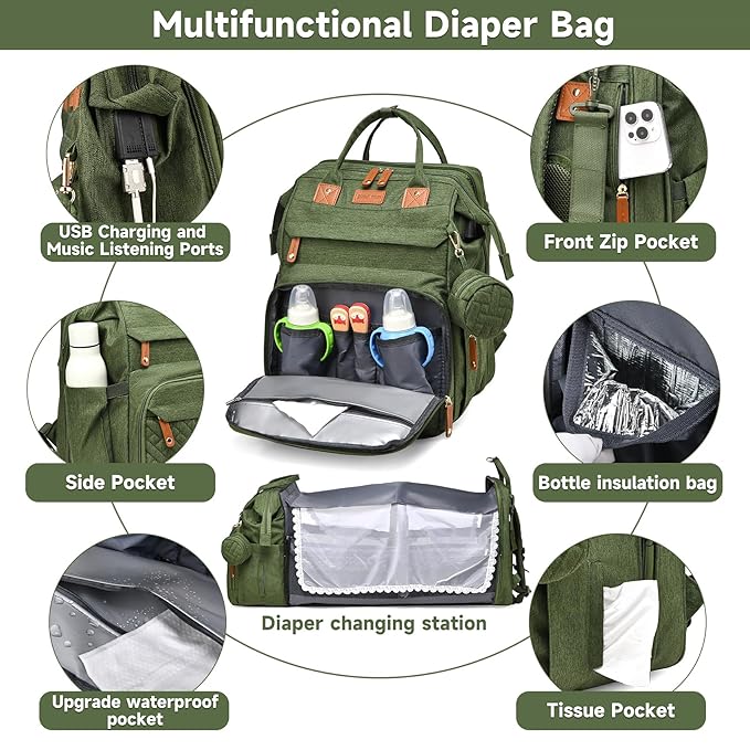 Baby Diaper Bags with Changing Station Multifunctional Waterproof Diaper Bag Backpack Travel Baby Bag with Changing Pad, Pacifier Case,Baby Essentials(Army Green)