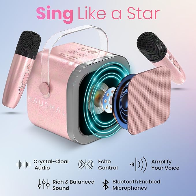 Mini Karaoke Machine for Adults Kids Teen with 2 Wireless Microphones, Birthday Gift Girls 8-12, Toys for Ages 5-7, Small Portable Bluetooth Speaker, Mini Microphone, Teens Car Singing Mic