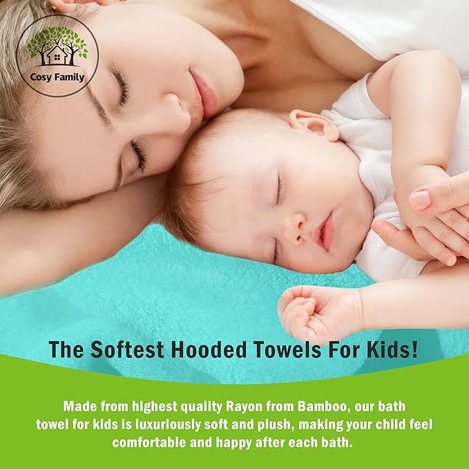 Cosy Family 3 Pack Baby Hooded Towels, Rayon Made from Bamboo, Soft Unisex Bath Towels for Babies,Toddler,Infant - Newborn Essential - Ultra Absorbent Toddler Towels for Baby Boy Girl - Aquamarine