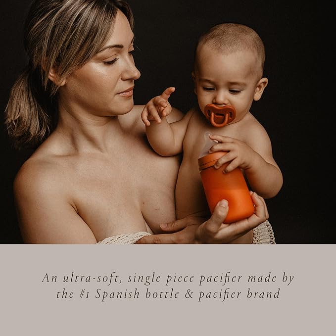 Color Essence SX PRO Silicone Baby Pacifier 2Pk, Made with 100% Soft Silicone, Baby Essentials Perfect for Breastfeeding Babies, Designed in Spain, 6-18 Mths, Orange/Green