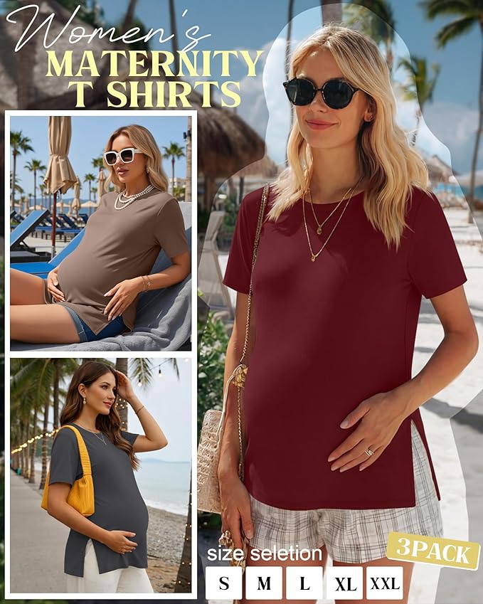 Ficerd 3 Pack Women's Maternity T Shirts, Short Sleeve Side Split Pregnancy Tops Casual Crew Neck Pregnant Tees Mama Clothes