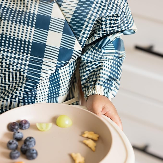 Tiny Twinkle Long Sleeve Bib for Babies & Toddlers | Waterproof Smock Bib for Eating | Machine Washable & Mess-Proof Feeding Essentials | Newborn Shower Gift (Gingham, Small 6-24 Months)