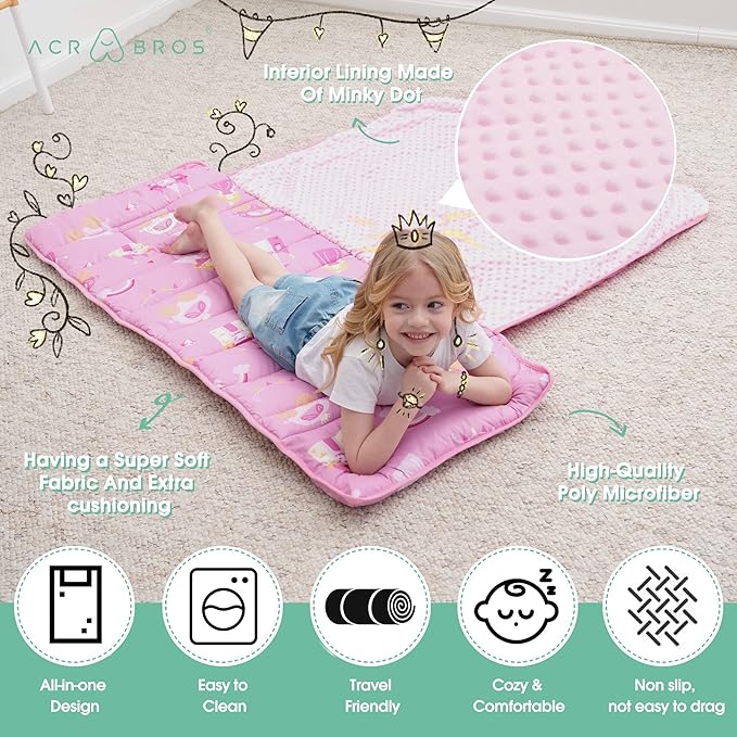 ACRABROS Toddler Nap Mat with Pillow and Blanket, Large Rolled Napping Mats,Slumber Bags for Boys Girls,Kids Sleeping Bag for Daycare, Preschool Travel