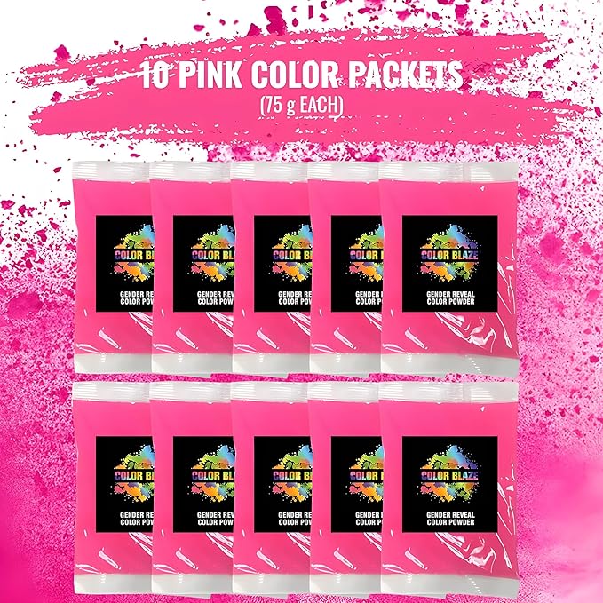 Color Blaze Baby Gender Reveal Color Powder Packets - 75 g Each - 10 Packs of Pink Colored Powder for Girl - For Car & Motorcycle Burnout, Exhaust, Color Toss, Photoshoot, Party & Festival - Pink