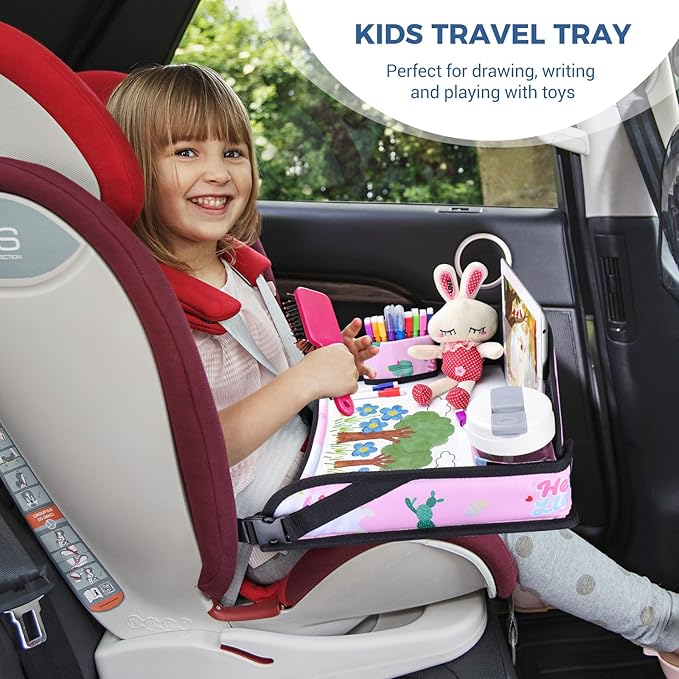 COOLBEBE Kids Travel Tray for Toddler Car Seat, Travel Tray for Airplane, Toddler Car Seat Lap Tray, Carseat Table Tray for Kids Travel Activities (Pink Alpaca)