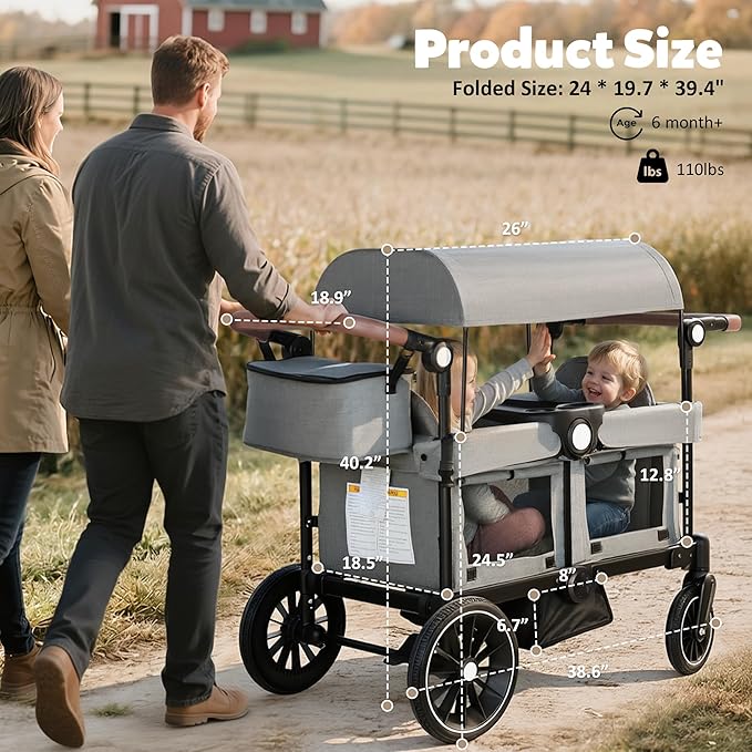 Wagon Stroller for 2 Kids, Foldable Kids Wagon Cart Featuring with Harnesses, Adjustable Double Push Handle, Removable Canopy, Snack Tray, Large Storage Bag, Gray