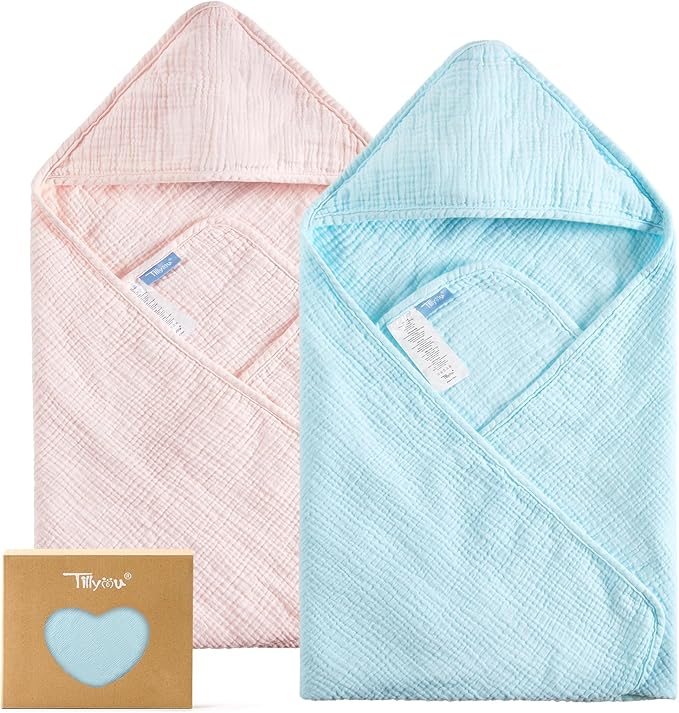 TILLYOU Muslin Hooded Baby Towels for Newborn 2 Pack, 32x32Inch Soft Baby Bath Towel Highly Absorbent for Newborn and Infant, Essential for Newborn Care, Light Pink and Blue