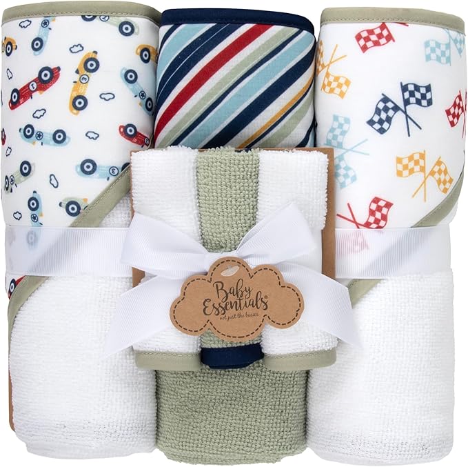 Baby Bath Essential Hooded Baby Bath Towel and Washcloth 6 Piece Set for Newborns, Infants & Toddlers, Boys & Girls Baby Hooded Towels Set (Racecars)