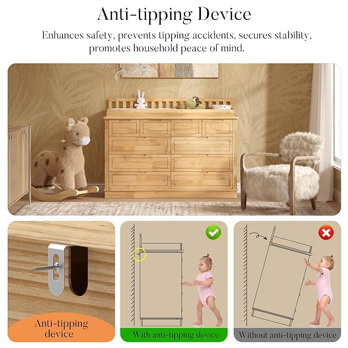 Homsee Baby Changing Table Dresser, 100% Solid Wood Infant Diaper Changing Station Combo, 10-Drawer Baby Nursery Dresser with Removable Tray for Children's Room Bedroom, Nature Color 55.1"W