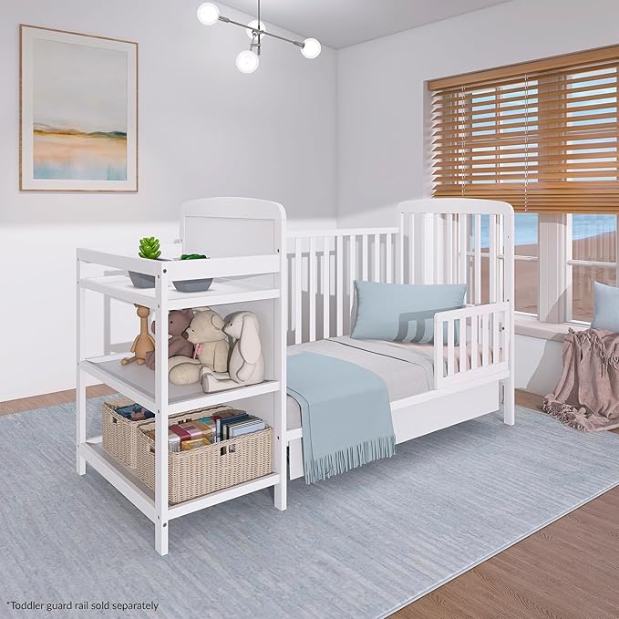 Dream On Me Anna 3-in-1 Convertible Full-Size Baby Crib & Changer with Storage in White, GreenGuard Gold & JPMA, Pinewood, Converts to Day & Toddler Bed, 3 Mattress Heights, 1″ Changing Pad