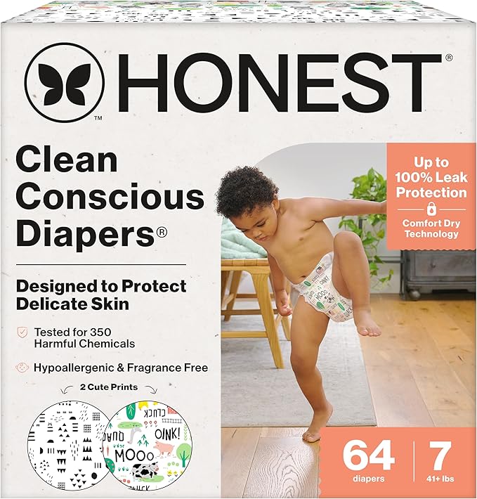 The Honest Company Comfort Dry Disposable Diapers for Sensitive Skin, Hypoallergenic, Barnyard Babies + Pattern Play, Super Club Box, Size 7, (41 lbs), 64 Count