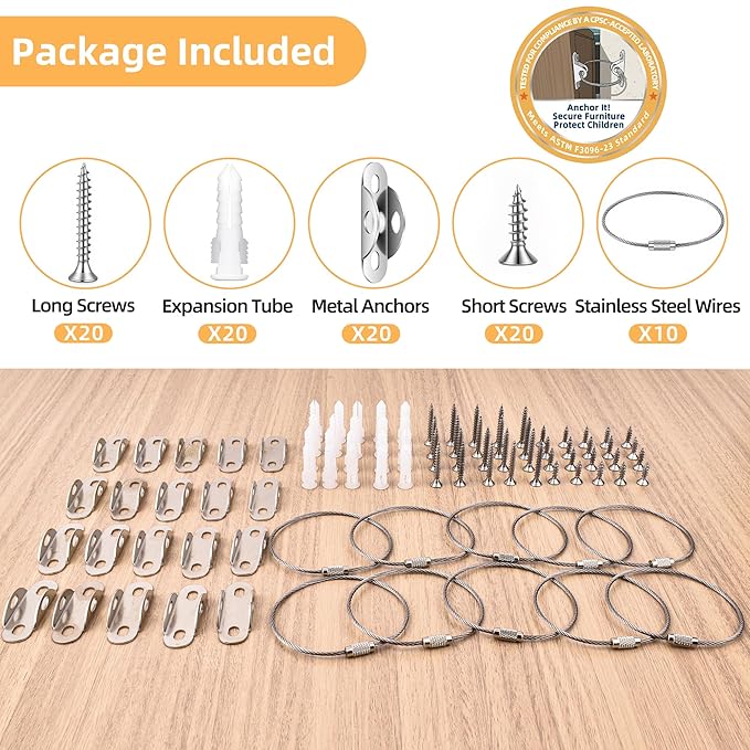 Furniture Anchors 10-Pack, Anti Tip Furniture Anchors for Baby Proofing, Extra-Strong Metal Wall Anchor Straps with Steel Cable to Secure Dresser, Bookcase, Wardrobe & Cabinet, Silver