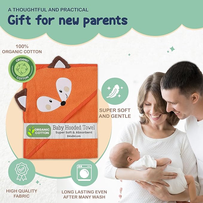 Mother's Choice Organic Baby Hooded Towel – Ultra-Soft & Absorbent Baby Bath Towels for Newborn with 3D Orange Fox Design