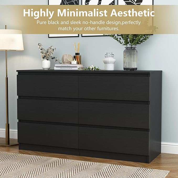 Black Dresser for Bedroom, Modern 6 Drawer Dresser with Deep Drawer,Wide Chest of Drawers, Bedroom Storage Organizer Furniture,TV Stand for Living Room