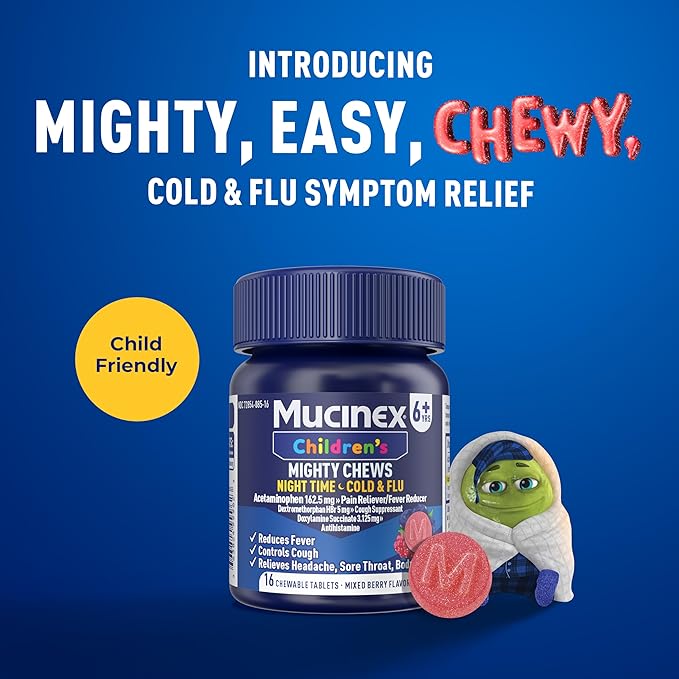 Mucinex Children's Mighty Chews Nighttime Cold and Flu Medicine, Children's Acetaminophen, Dextromethorphan, & Doxylamine Succinate, Kids Cough Medicine, Ages 6+, 16 Medicated Chewable Tablets