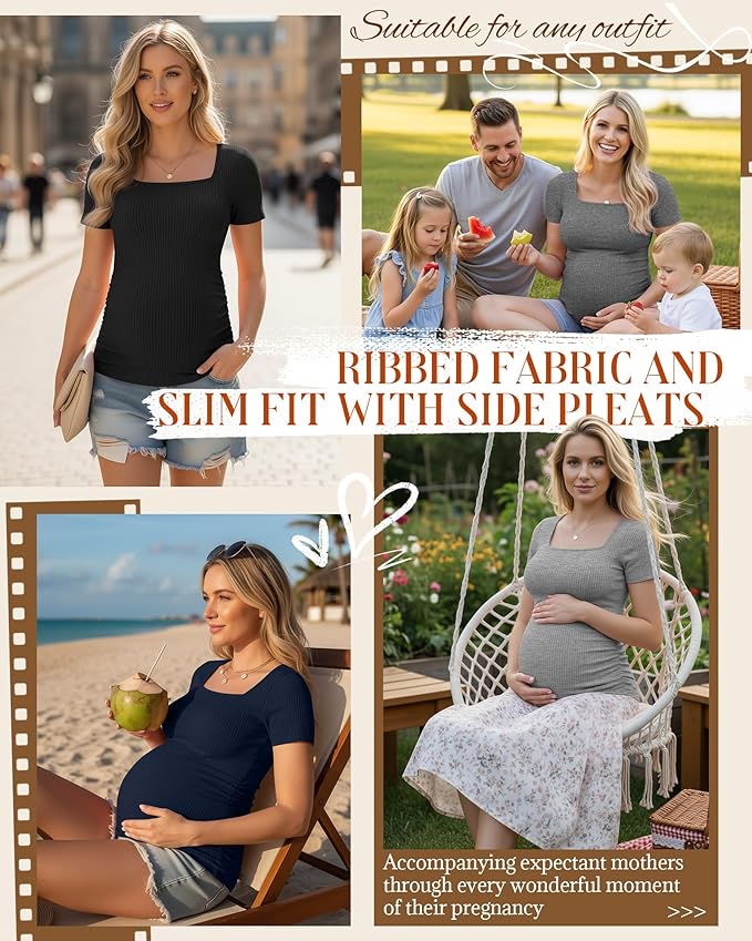 Huukeay 4 Pack Women's Maternity Shirts Cotton Ribbed Short Sleeve Square Neck Pregnancy Tops Side Ruched Summer Tee