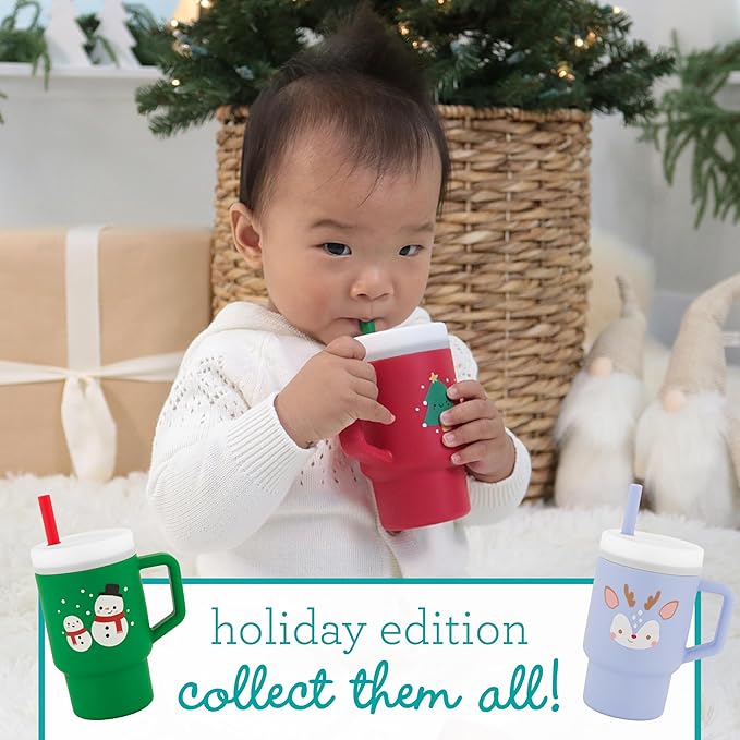 Infantino My 1st Tumbler Christmas Edition, Silicone Sippy Cup with Straw & Handle, Spill-Resistant Baby Cup for On-the-Go, BPA-Free Transition Cup, Christmas Tree