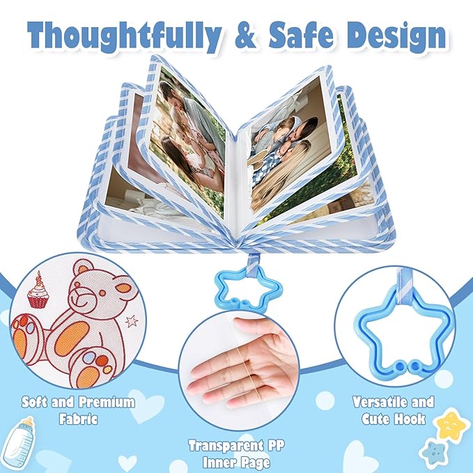 Lanpn Baby Photo Album Holds 17 4x6 Pictures, My First Soft Cloth Family Photo Book with Name Card & Name Tag Sticker, Fabric Kid Memory Keepsake Gift for Baby Shower Newborn Toddler Boy (Bear)