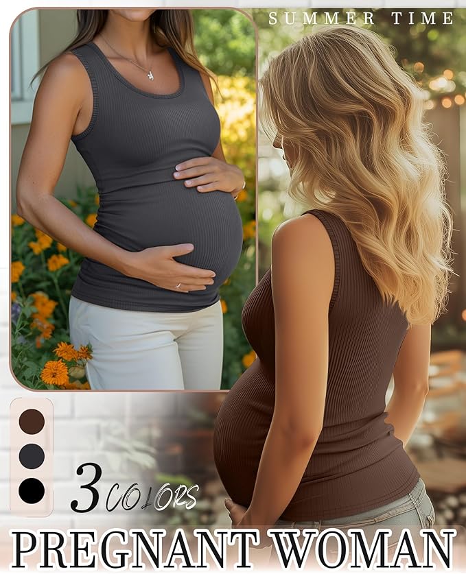 Riyiper 3 Pack Women's Maternity Tank Tops, Sleeveless Cotton Pregnancy Shirts Ribbed Knit Sides Ruched Basic Mama Clothes