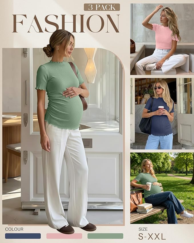 3 Pack Women's Maternity Tops Short Sleeve Ribbed Knit Maternity Shirts Crew Neck Side Ruched Pregnancy Clothes