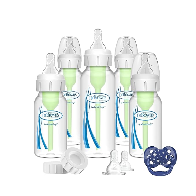 Dr. Brown's Natural Flow Anti-Colic Options+ Narrow Baby Bottle Gift Set with Advantage Pacifier & Bottle Travel Caps, 0m+ (Packaging/Pacifier May Vary)