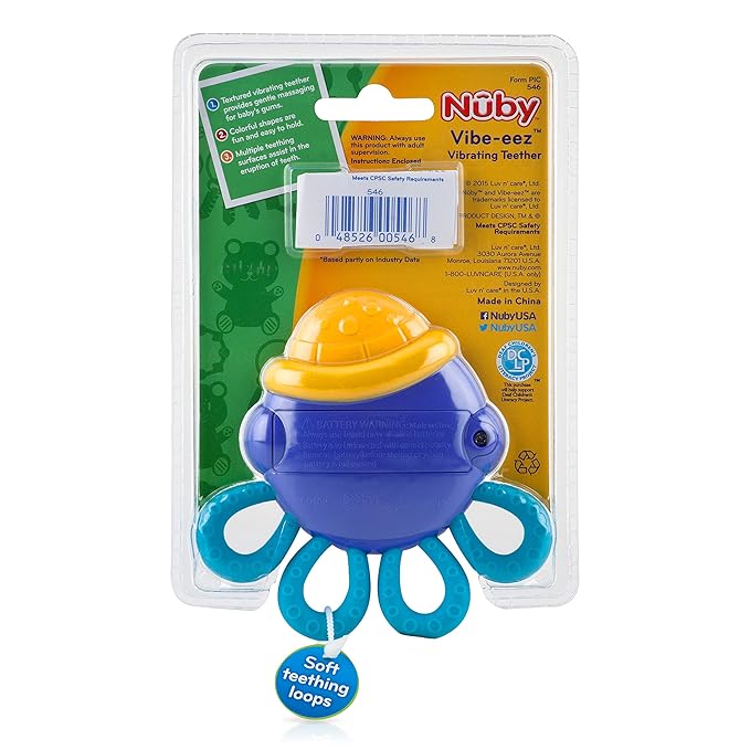 Nuby Vibe-EEZ Vibrating Teether - Battery Powered - Textured Surface and Easy to Grasp Toy for Baby Teething Relief - 3+ Months - Octopus