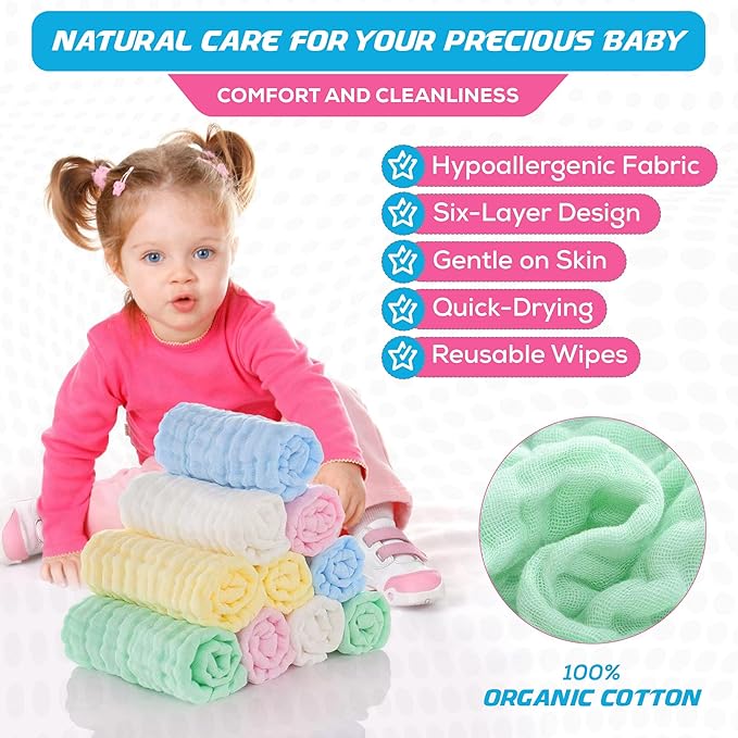 10 Pack Soft Muslin Unisex Baby Washcloths for Daily Use, 100% Cotton Set for Delicate Skin. Soft and Super Absorbent, Newborn Baby Essentials and Baby Registry,12x12 Inches (Green)