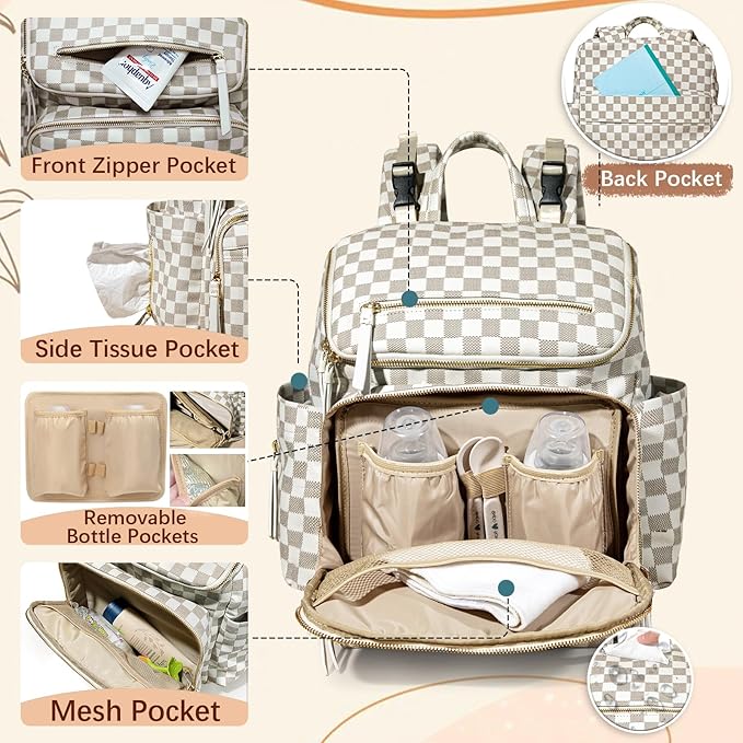 Omanmoli Checkered Diaper Bag Backpack Large Baby Diaper Bag Leather with 17 Diaper Bag Organizing Pouches,Changing Pad,Stroller Straps,4 Insulated Pockets,Beige&Honey