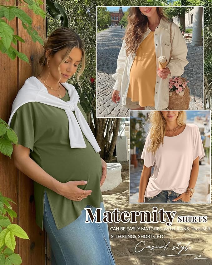 Riyiper 3 Pack Women's Maternity Tunic Shirts Cotton Summer Pregnancy Clothes Loose Oversized Split Side Blouse Tops