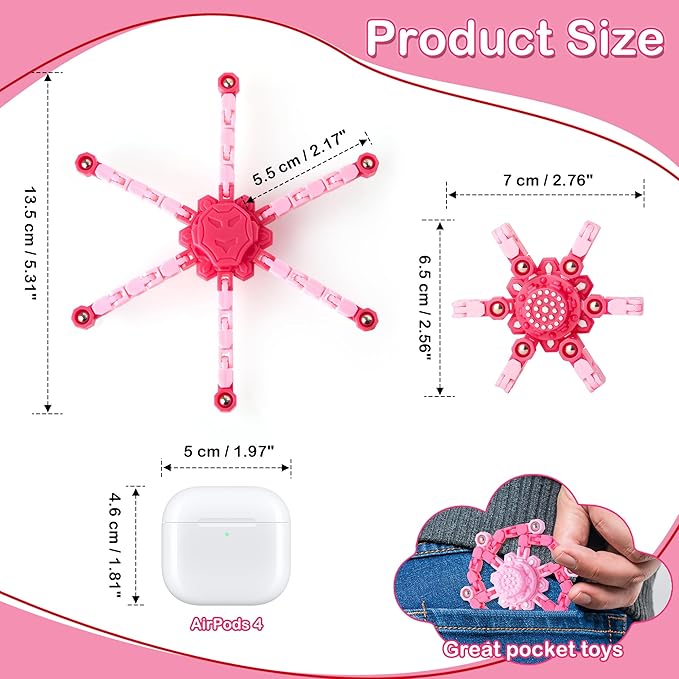 2 PCS Transformable Fidget Spinners for Kids, Valentine's Day Gifts for Classroom Exchange, Party Favors, Sensory Stress Relief Toy for Girls & Boys,Pink Deformable Mechanical Chain Robot Toy