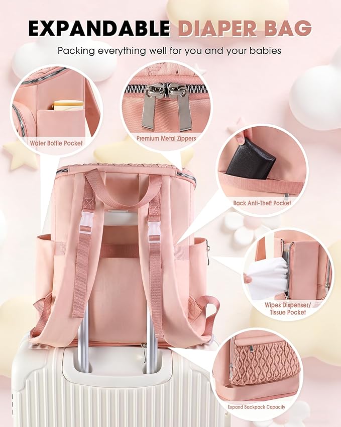 Diaper Bag Backpack, Large Baby Bag for Girl Boy, Travel Diaper Backpack with Insulated Pocket, Cute Diaper Bag Stroller Straps, Baby Shower & Registry Gift for Mom Dad Pink