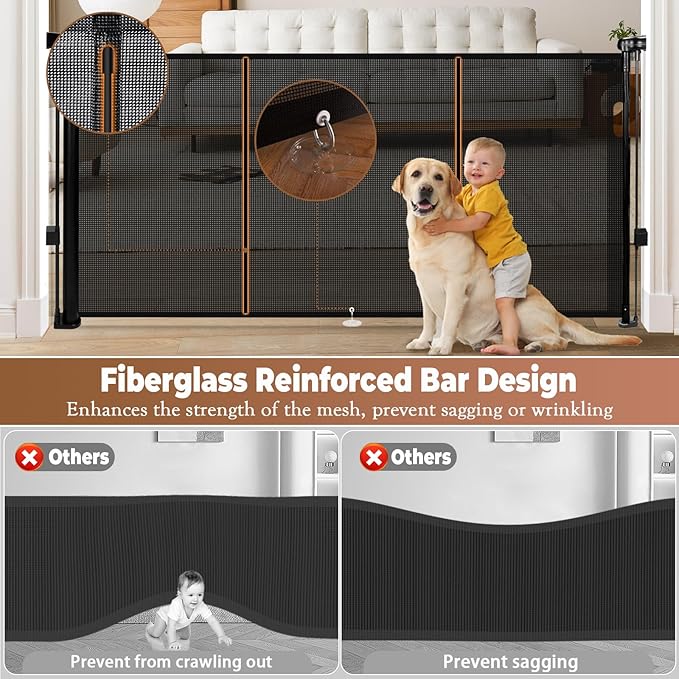 81" Retractable Baby Gate Extra Wide, 41" Tall Retractable Dog Gate for Stairs, Doorways, Decks, Mesh Gate Long Child Gate Pet Gate for Indoor, Outdoor, with Reinforced Mesh Rods, Dual Locks