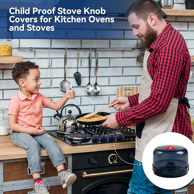 Stove Knob Safety Covers, 5Pcs Fits 90% Oven/Stove 5 Heat Alert Stickers Oven Knob Covers for Child Safety, 2nd Gen Kitchen Burner Childproofing, Gas Stove Knob Locks for Kid Baby Pet (Black)