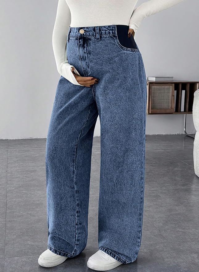 BLENCOT Maternity Jeans for Women High Waist Straight Leg Pregnancy Denim Pants with Pockets