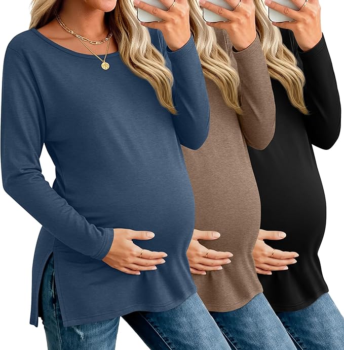 Riyiper 3 Pack Women's Maternity Long Sleeve T-Shirts Round Neck Side Split Tops Loose Casual Pregnancy Mama Clothes Fall