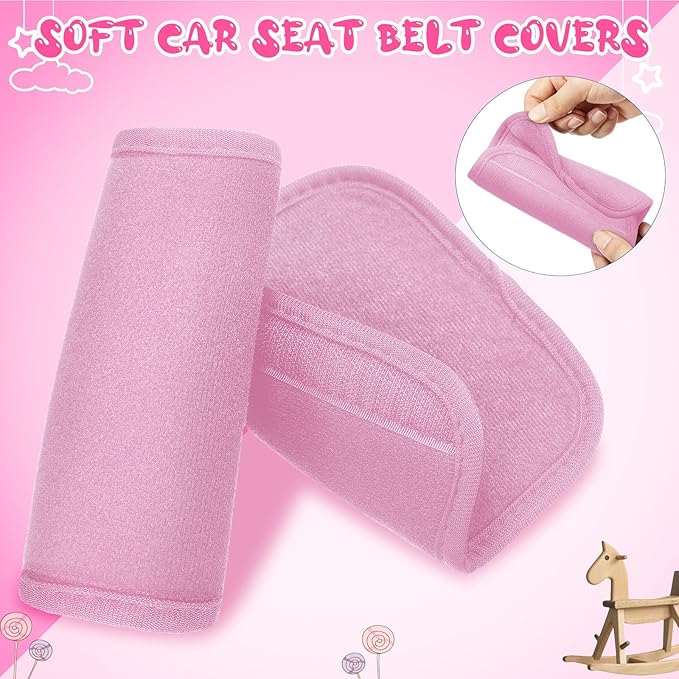 Riakrum 4 Pcs Baby Car Seat Belt Covers Soft Car Seat Straps Shoulder Pads for Kid Infant Stroller Strap Covers Safety Belt Cushion Pads for Boy and Girl(Pink,5.7 x 2.6 Inch)