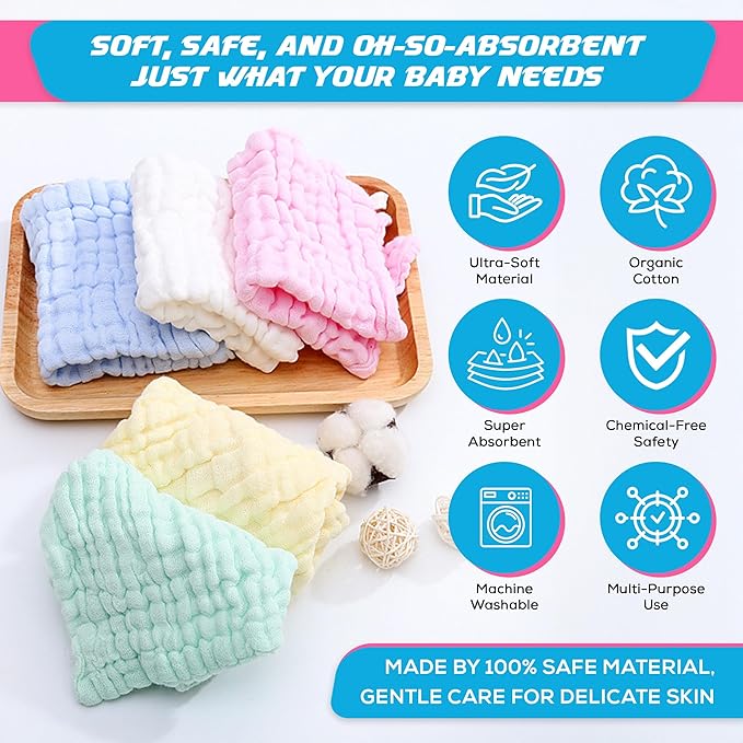 10 Pack Soft Muslin Unisex Baby Washcloths For Daily Use, 100% Cotton Set For Delicate Skin. Soft and Super Absorbent, Newborn Baby Essentials And Baby Registry,12x12 Inches (Multicolored)