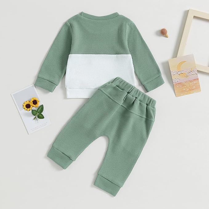 Toddler Baby Boy Fall Outfit Long Sleeve Crew Neck Contrast Color Sweatshirt Top Pant Cute Newborn Infant Waffle Clothes