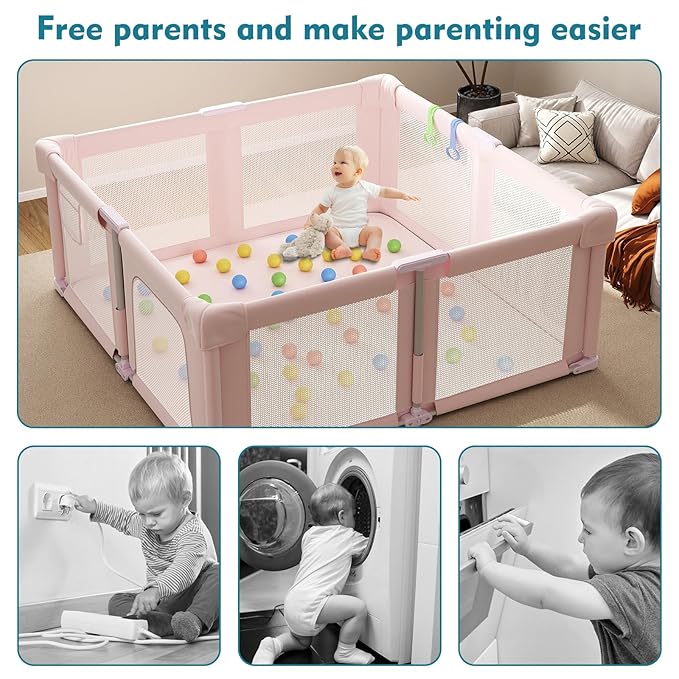 51" Foldable Baby Playpen with Mat, Playpen for Babies and Toddlers with Ocean Balls and Pull Links, Soft Breathable and Visible Mesh, Indoor and Outdoor Play Pen, Pink