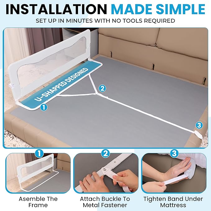 TotCraft MiniFlex Adjustable Length & Height Bed Rail for Toddlers – 35.5″ or 47″ Two Fixed Lengths,Fits Twin, Full & Queen Beds – 14 Height Levels – ASTM Certified Baby Bed Rail Guard (White)