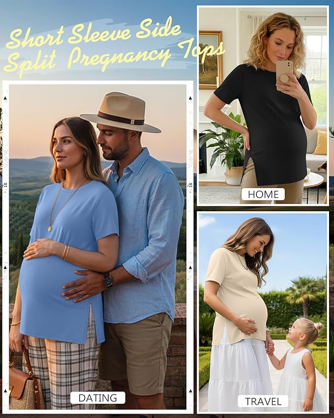 Ficerd 3 Pack Women's Maternity T Shirts, Short Sleeve Side Split Pregnancy Tops Casual Crew Neck Pregnant Tees Mama Clothes