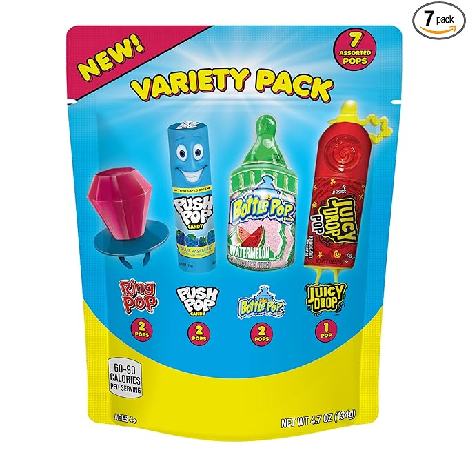 Candy Variety Pack Bag, 7 Ct Bulk Individually Wrapped Lollipops, Ring Pop, Push Pop, Baby Bottle Pop & Juicy Drop, Birthday Parties, Valentine's Gifts, Goodie Bags, Party Favors