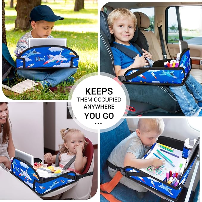 COOLBEBE Kids Travel Tray for Toddler Car Seat, Travel Tray for Airplane, Toddler Car Seat Lap Tray, Carseat Table Tray for Kids Travel Activities (Blue Plane)