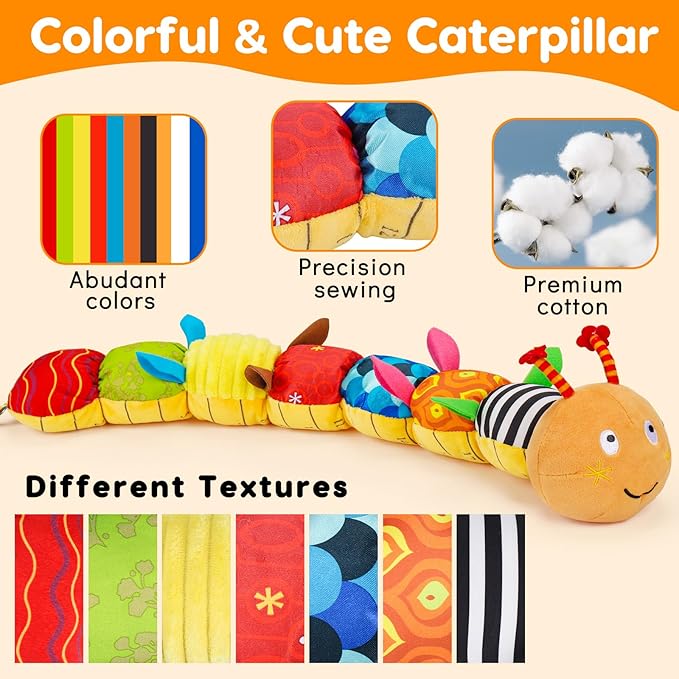 Baby Sensory Caterpillar Toys 0-3 Month Music Animal Stuffed Plush Toy for Infant 0-3-6-12 Month Tummy Time with Crinkle Rattle for Newborn 9-12 Month Toy for Boy Girl Birthday Shower Gifts Orange