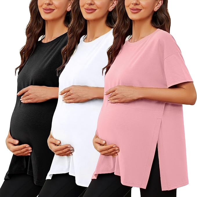 Ecavus Women's Casual Maternity Shirts Split Side Pregnancy Tops Blouses Short Sleeve Loose Fit Maternity Clothes