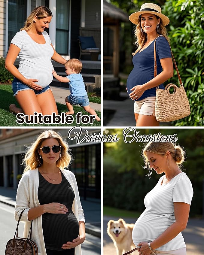 Neer 3 Pack Women's Ribbed Maternity Tops Pregnancy Round Neck Shirts Short Sleeve Soft Maternity Clothes for Mama